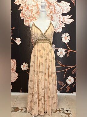 WHIMSICAL Pink & Gold Empire Waist Maxi Dress Boho Goddess Dress
